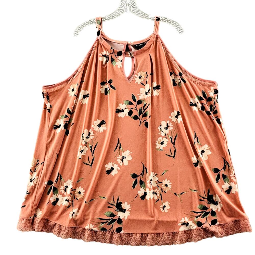 Womens 4X Torrid Floral Peach Studio Knit High Neck Keyhole Top New Defects
